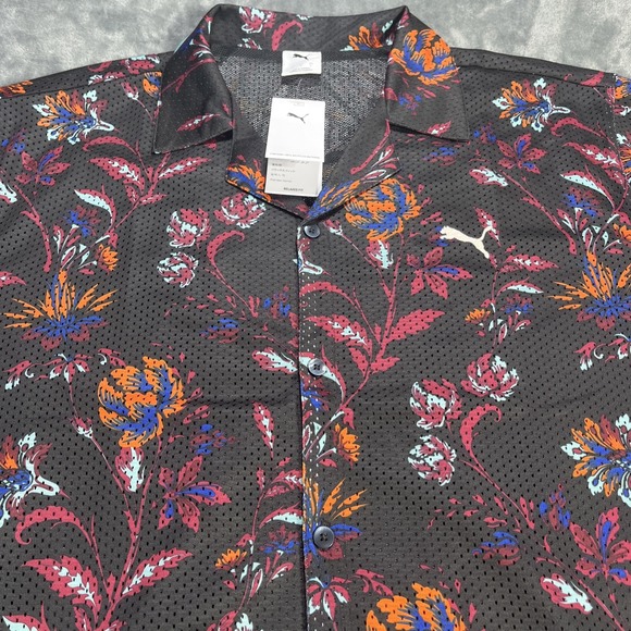 Puma Shirt Mens Large Paradise Golf Active Relaxed Fit Mesh Button Floral Black - Picture 2 of 7